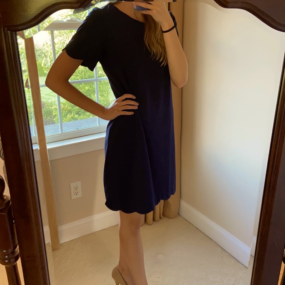 Navy blue sheath dress with scallop trim detail